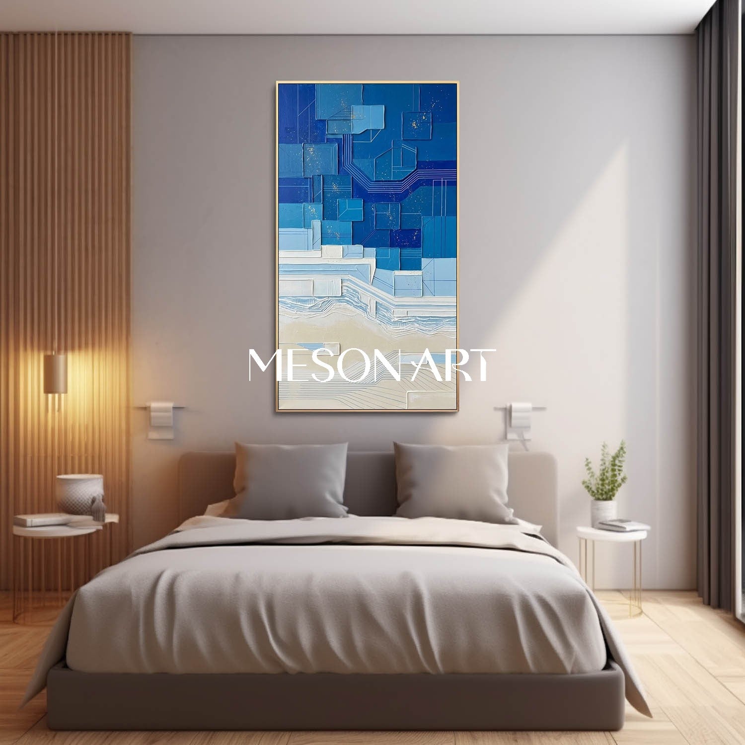 Oversized Blue Textured Art Blue Geometric Abstract Artwork Handmade Relief Wall Painting