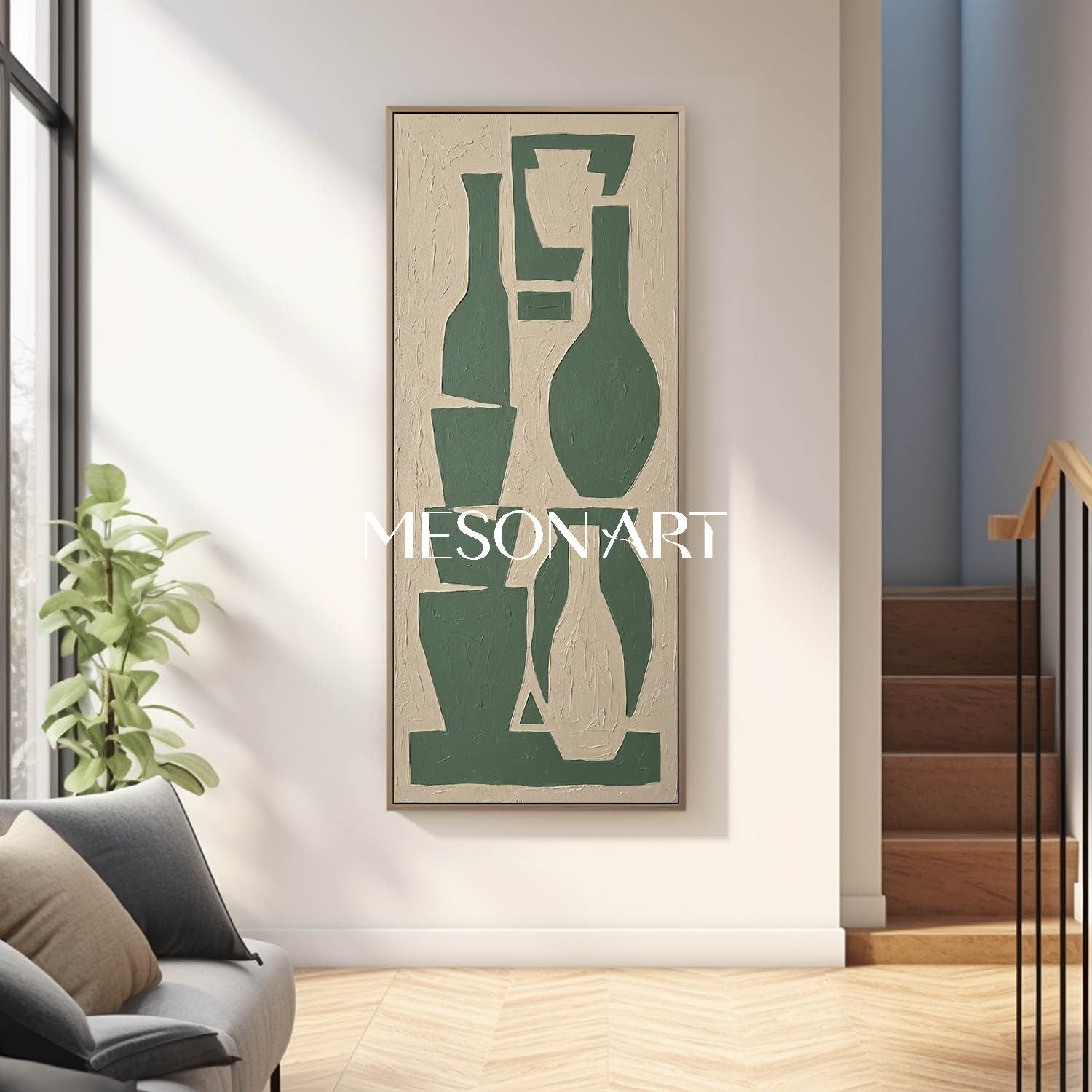 MesonArt Tall Vertical Vase Art Sage Green Stacked Bottles Heavy Impasto Staircase Painting