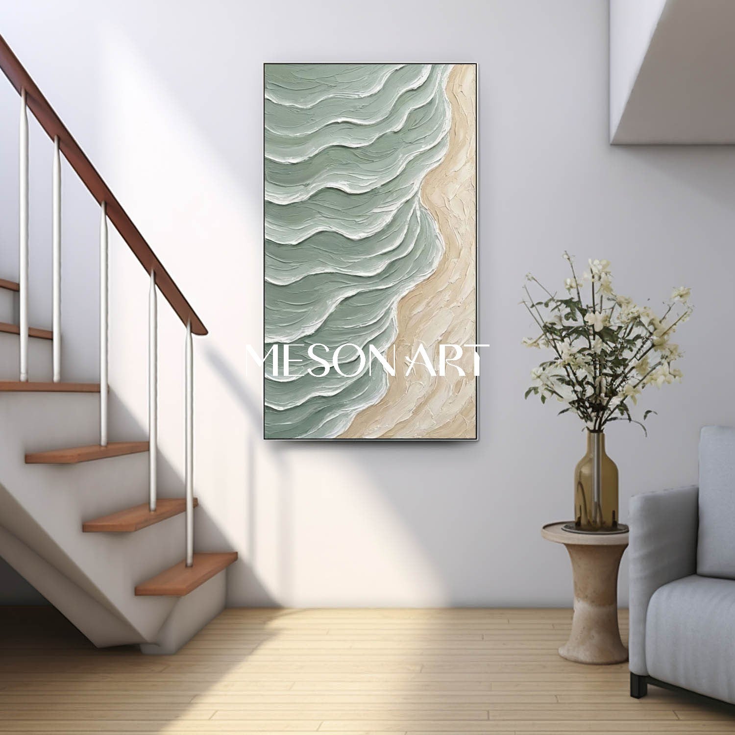 Large Green Wave And Beach Canvas Wall painting Minimalist Sea Wall Art Decoration