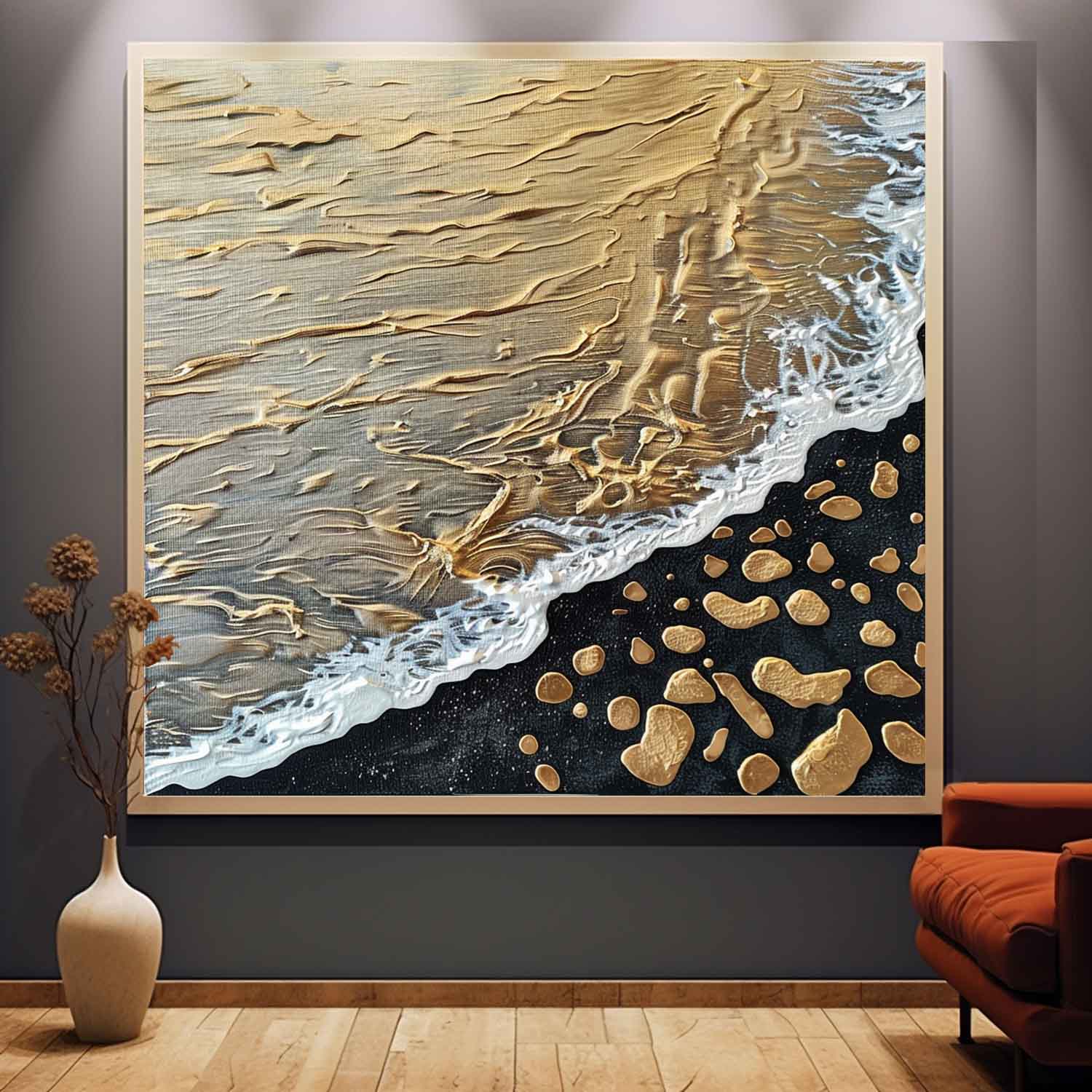 Gold and Black Textured Sea Painting Gold and Black Wave Beach Canvas Art Wave Beach Wall Art