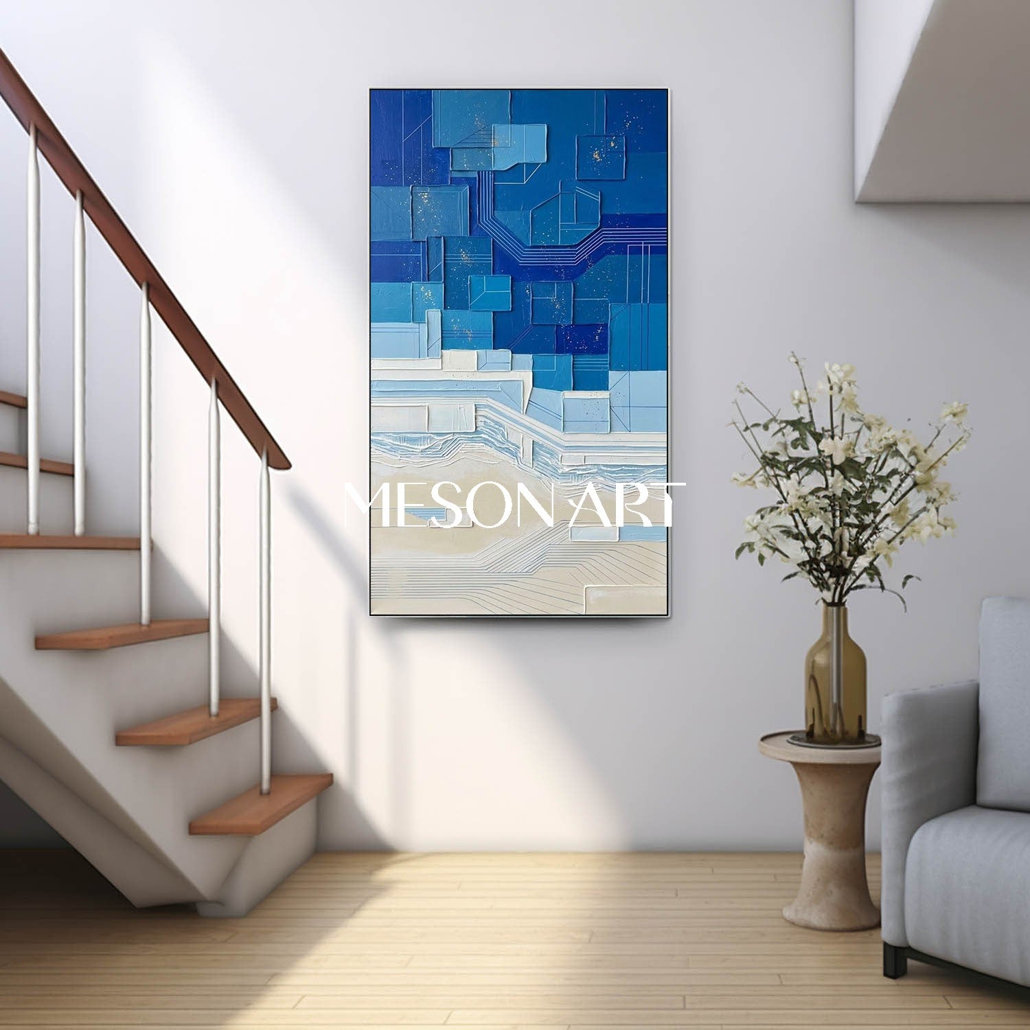 Oversized Blue Textured Art Blue Geometric Abstract Artwork Handmade Relief Wall Painting
