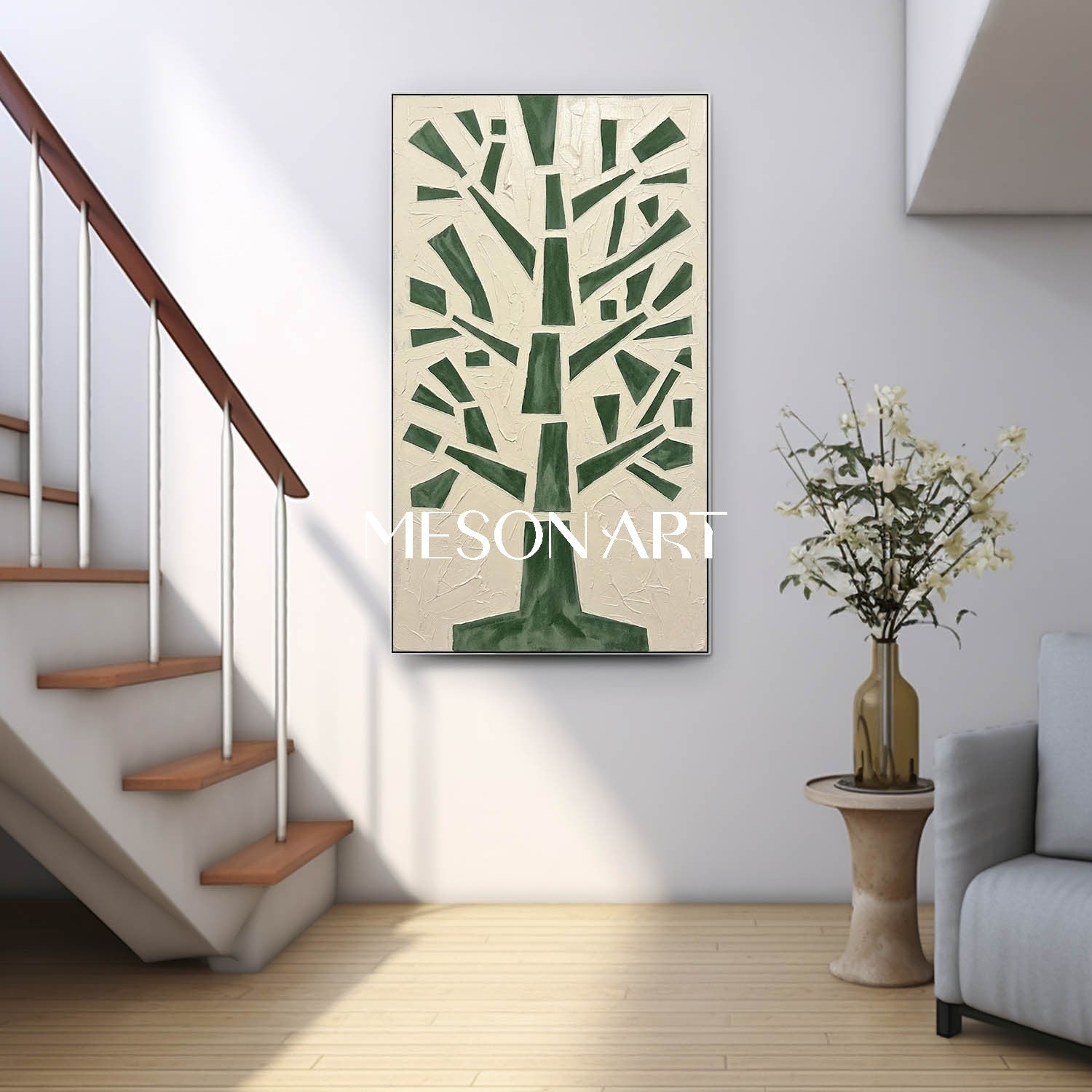 Geometric Tree Canvas Painting Minimalist Forest Artwork Contemporary Wabi Sabi Design