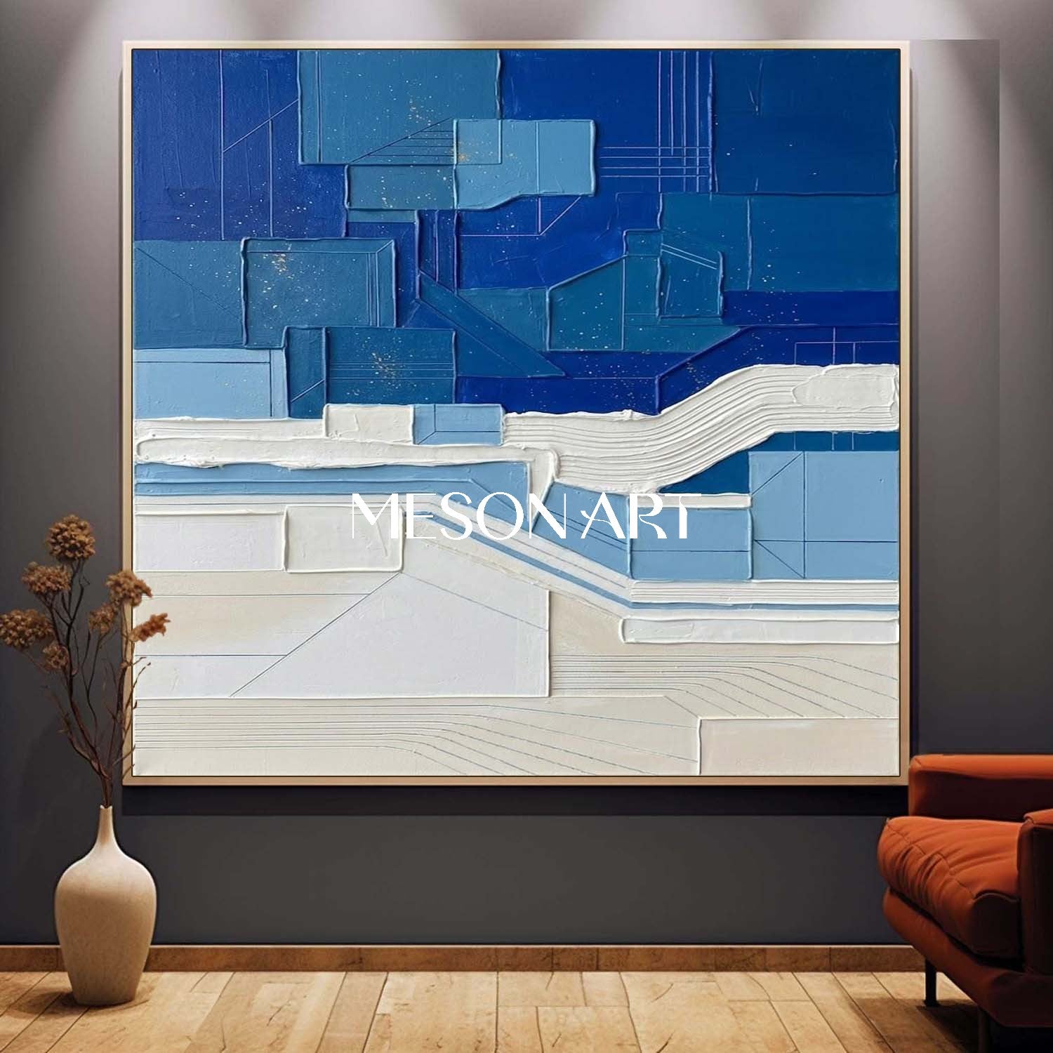 Contemporary Blue Color Block Minimalist Coastal Wall Decor Large Square Canvas Painting