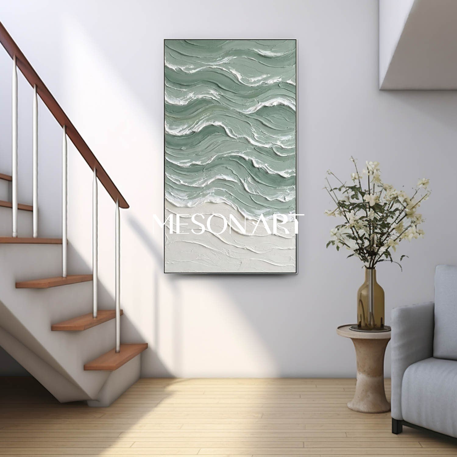 Large Green Wave And Beach Abstract Canvas Wall painting Minimalist Sea Wall Art Decor