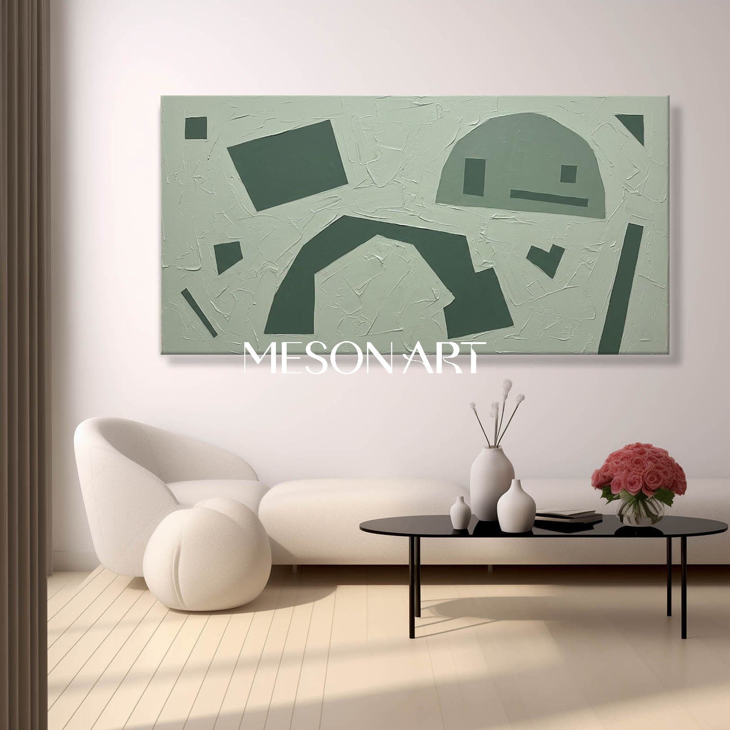 Tonal Sage Framed Painting Panoramic Green Geometric Canvas Above Sofa Abstract Wall Decor