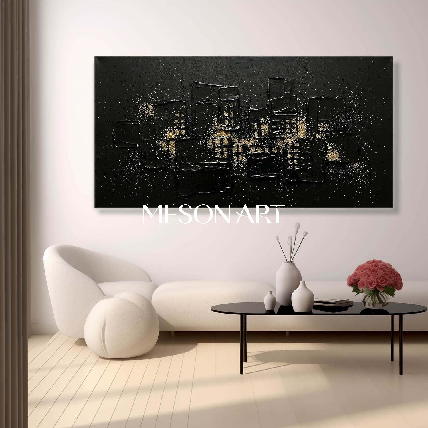 Impasto Geometric City Night Canvas Panoramic Black Gold Cityscape Canvas Art