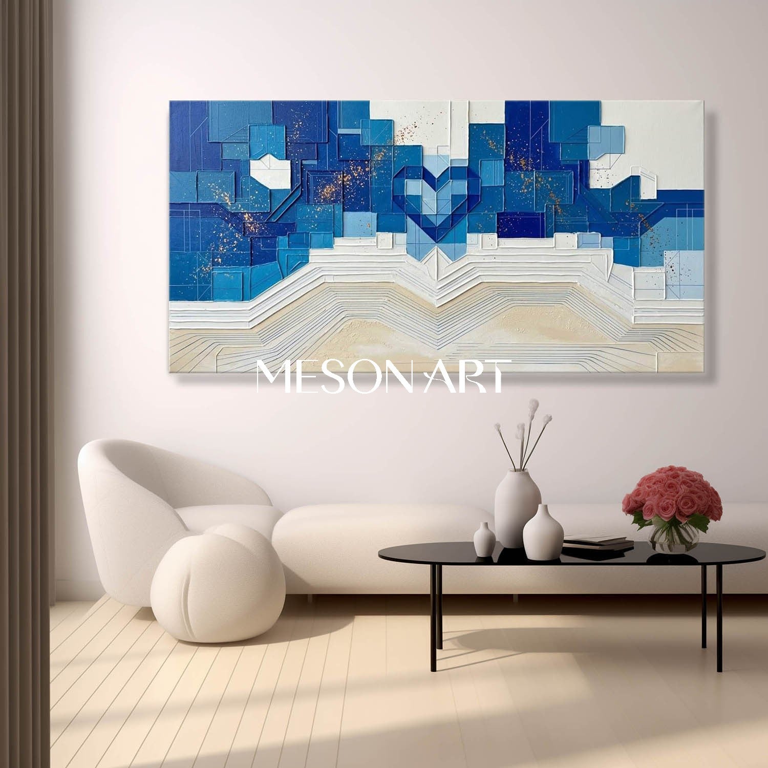 Modern Large Framed Blue and Beige Textured Geometric Heart Wall Art | 3D Plaster Canvas Painting for Living Room | MesonArt