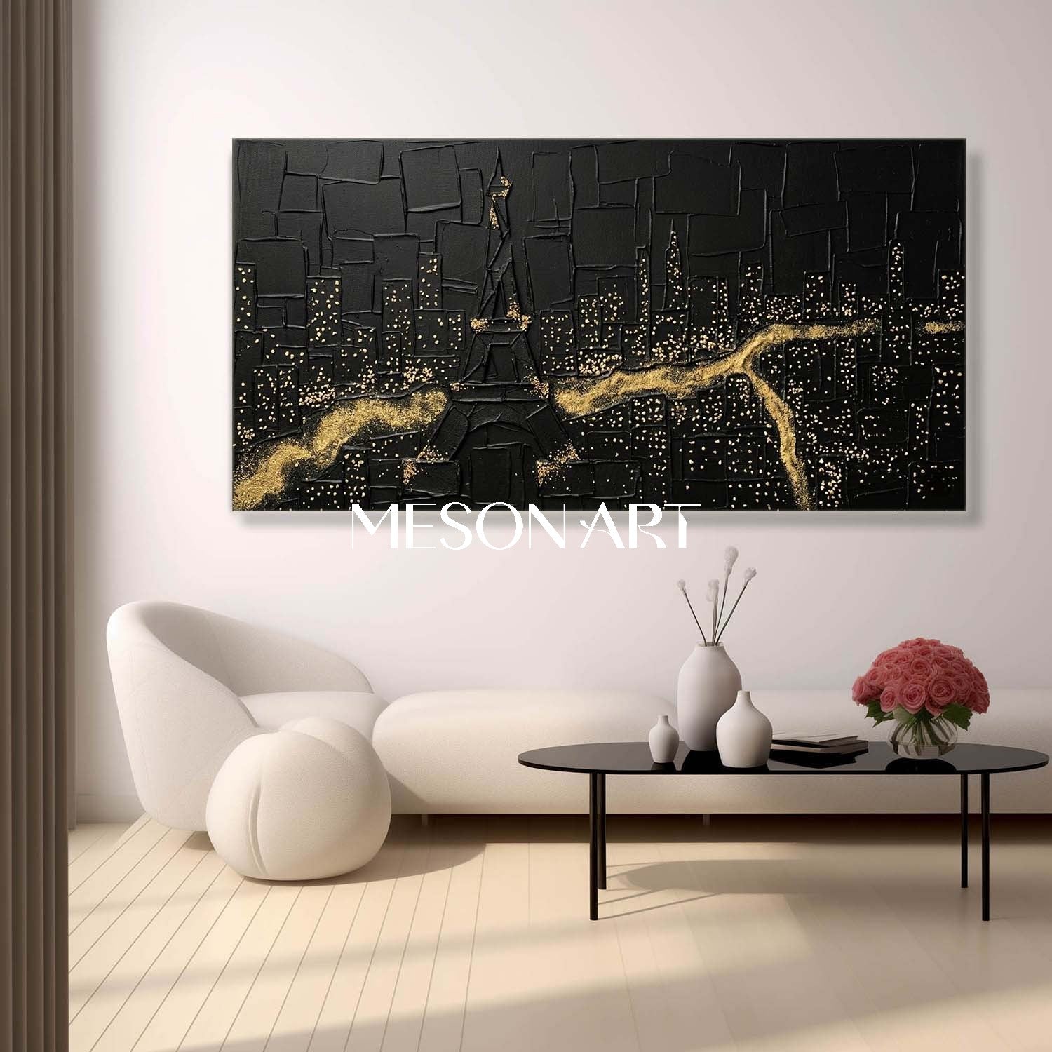 Large Abstract Forest Black Gold Canvas Minimalist Stardust Forest Aesthetic