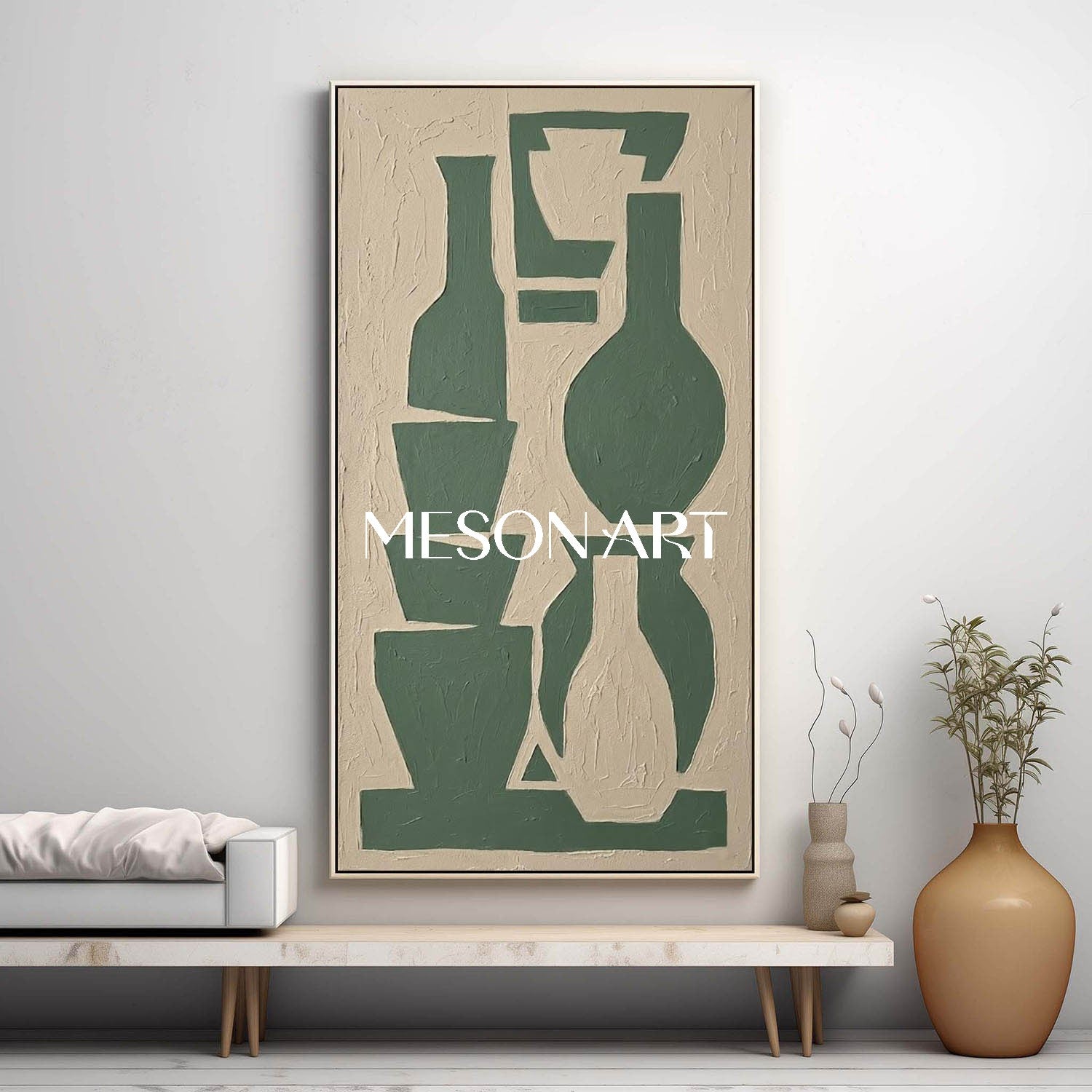 MesonArt Tall Vertical Vase Art Sage Green Stacked Bottles Heavy Impasto Staircase Painting