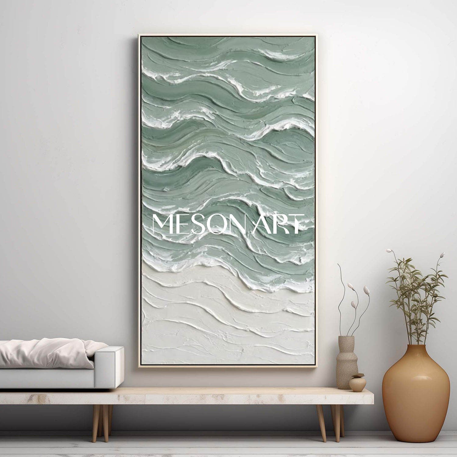 Large Green Wave And Beach Abstract Canvas Wall painting Minimalist Sea Wall Art Decor