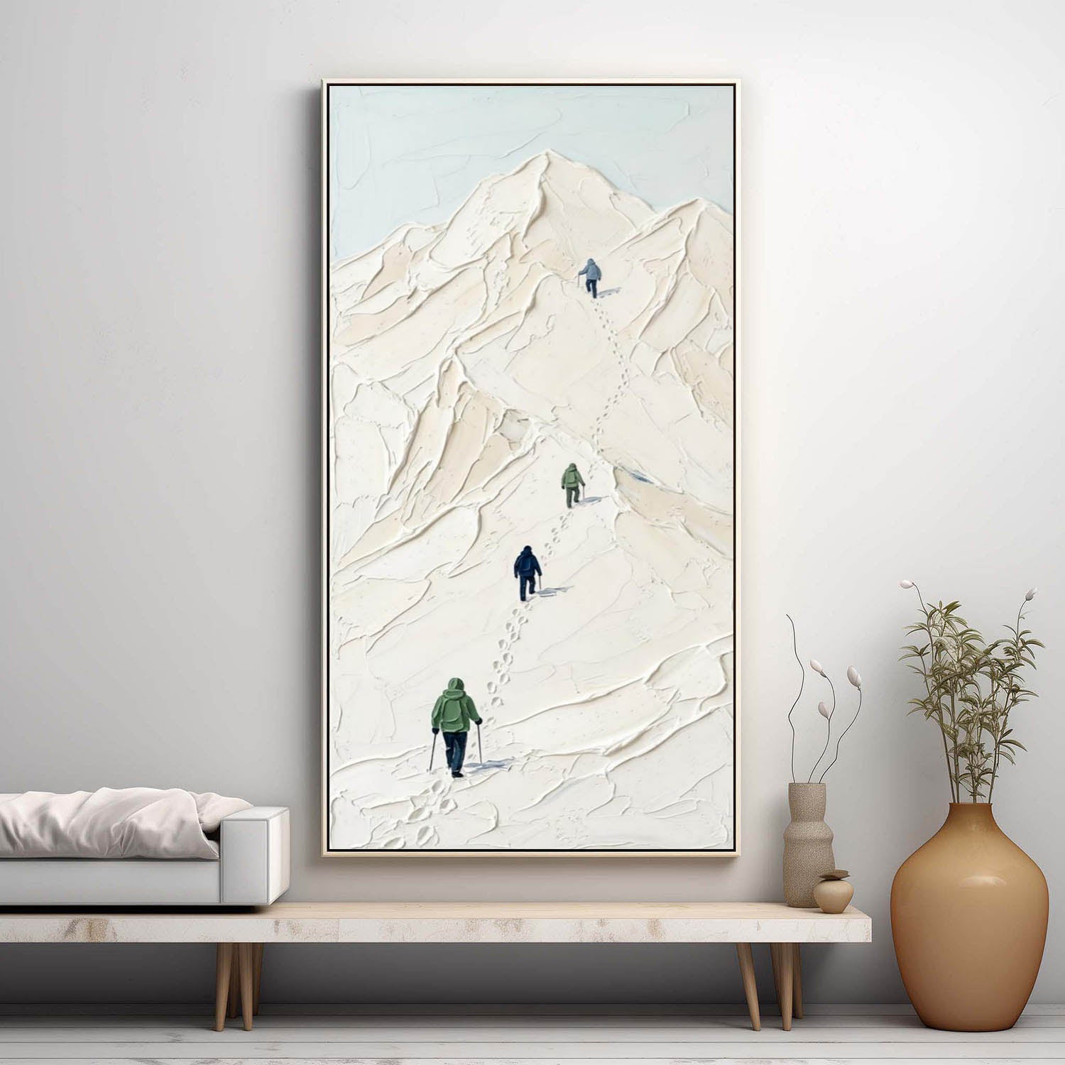 3D Textured Plaster Snow Mountain Climber Painting for Organic Modern Wall Art