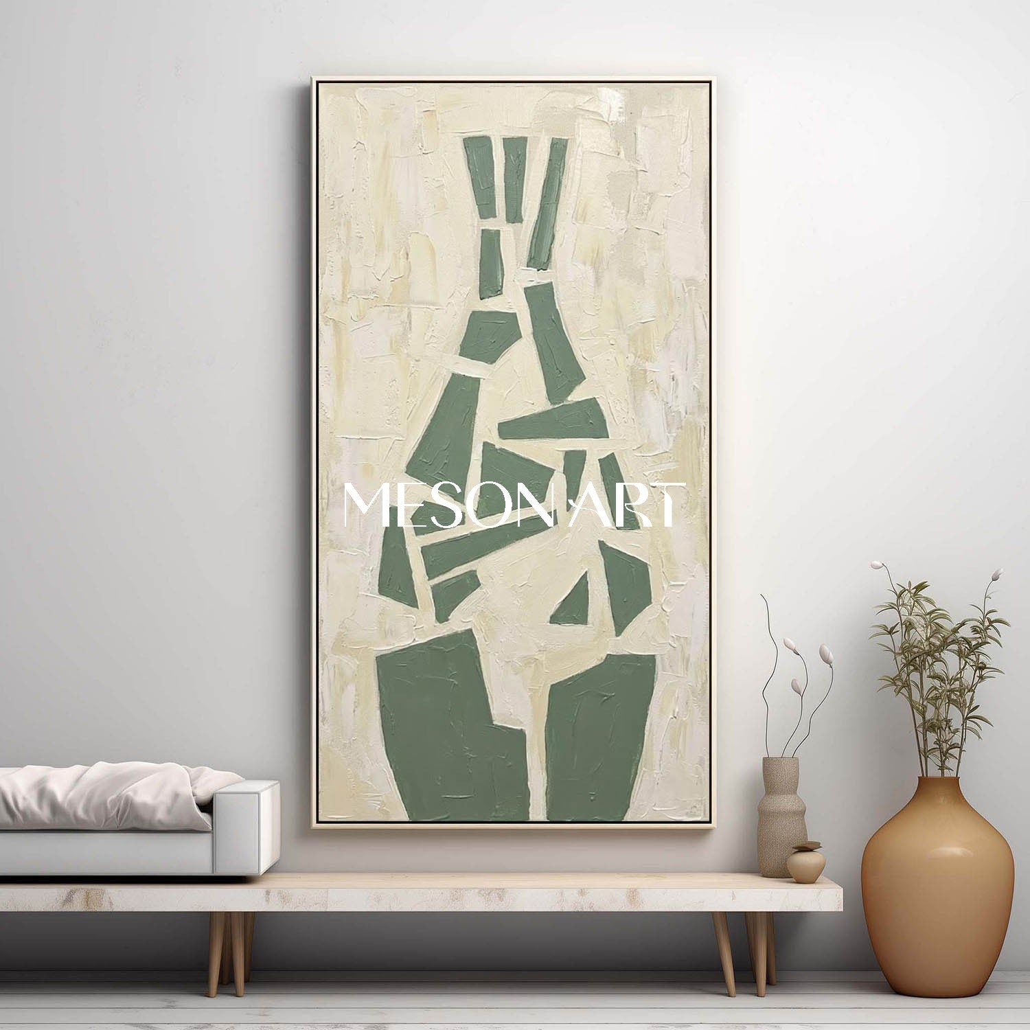 Tall Vertical Fragmented Vase Art Sage Green Geometric Still Life Custom Size Boho Minimalist Art