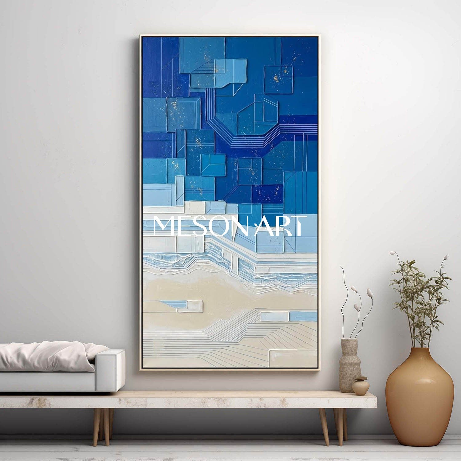 Oversized Blue Textured Art Blue Geometric Abstract Artwork Handmade Relief Wall Painting
