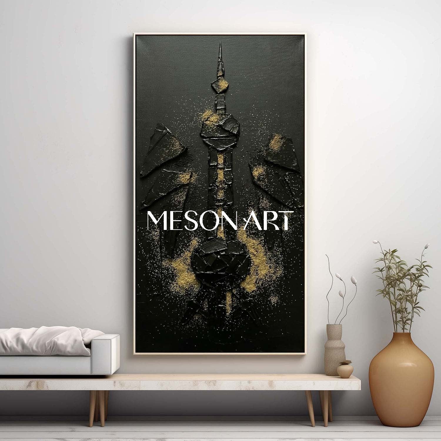 Abstract Tower Wall Art, Landmark Silhouette Canvas, Symmetrical Geometric Painting, Floating Shards Decor.