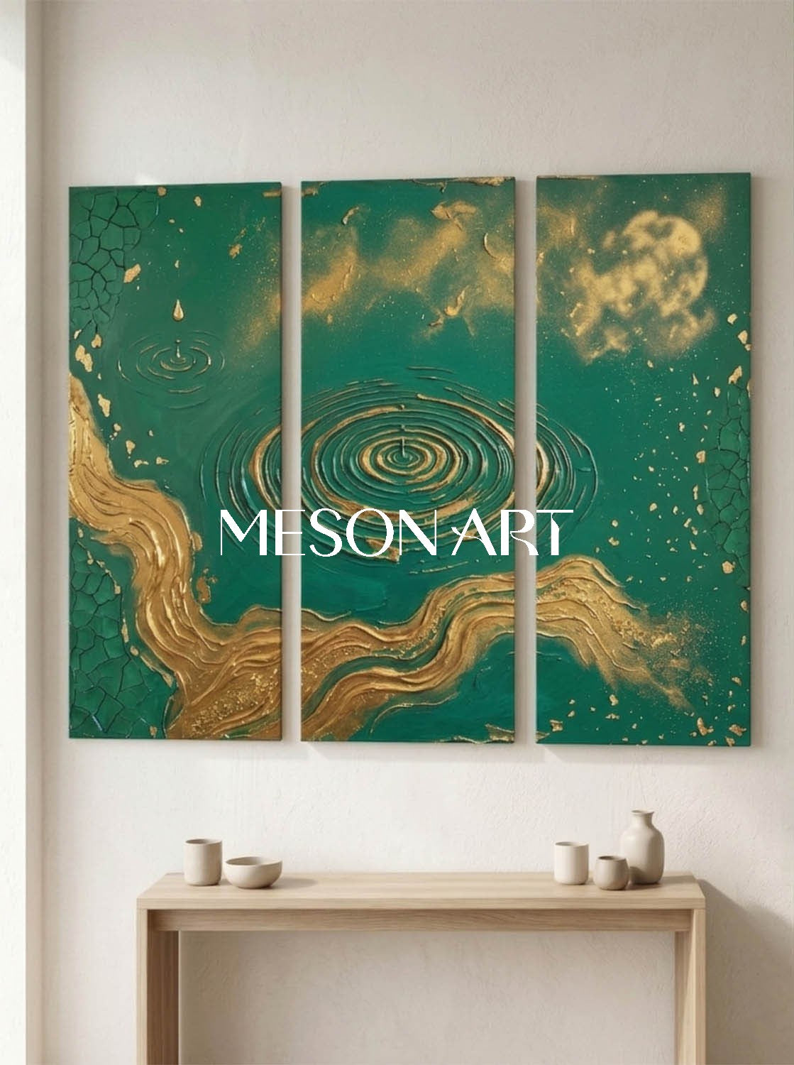 Emerald Green And Gold Abstract Triptych Painting With Textured Relief For Art Deco Living Room Entryway