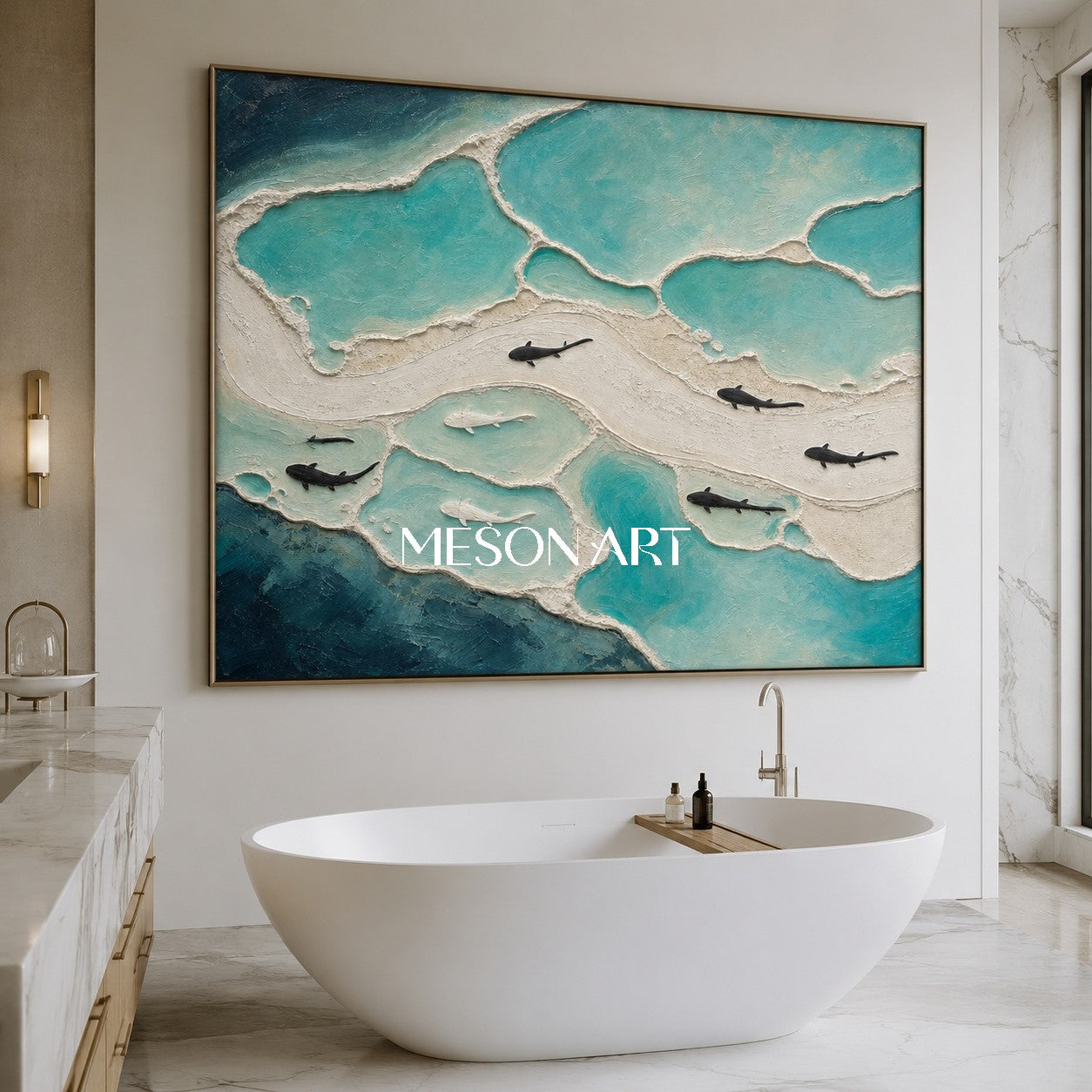 Textured Ocean Wall Art With Fish Silhouettes For Coastal Living Room Decor