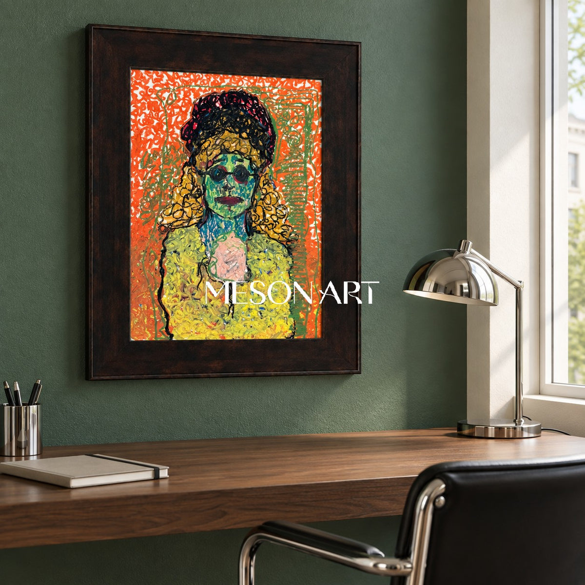 Orange And Green Expressionist Portrait Painting Rectangular Wall Art Original Artist Hand Painted By Mesonart
