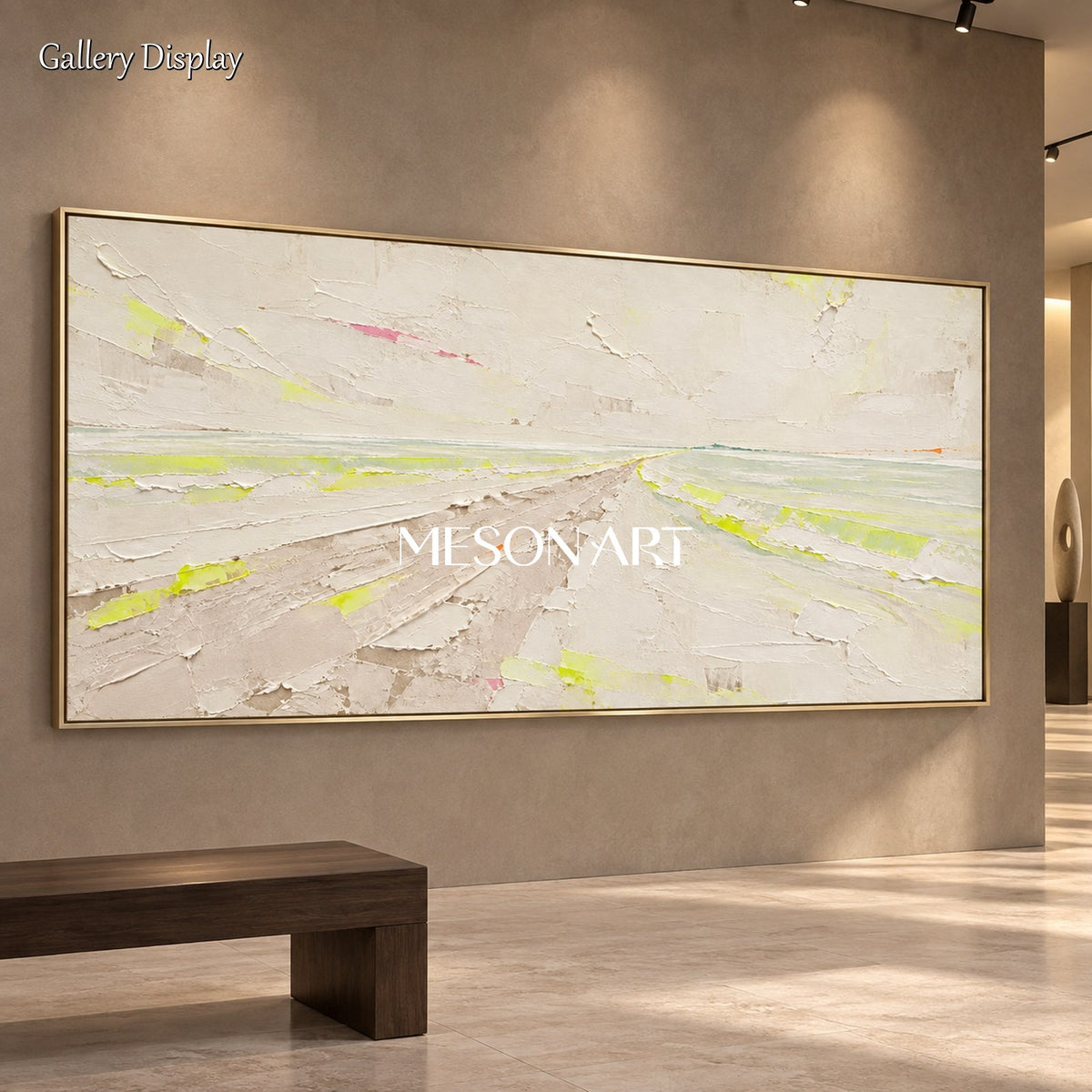 Beige And Green Abstract Painting Panoramic Wall Art By Artist Contemporary Landscape Modern Palette Knife Neutral Tone Art By Mesonart