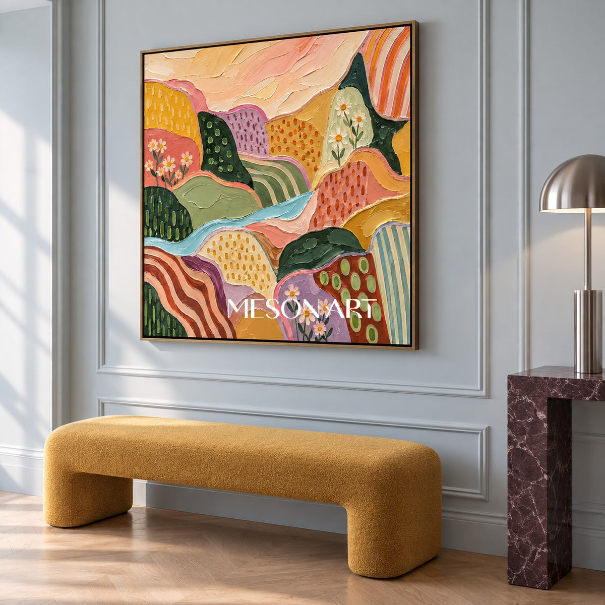 Colorful Abstract Landscape Painting Square Wall Art Original Hand Painted By Artist Modern Impasto Style By Mesonart