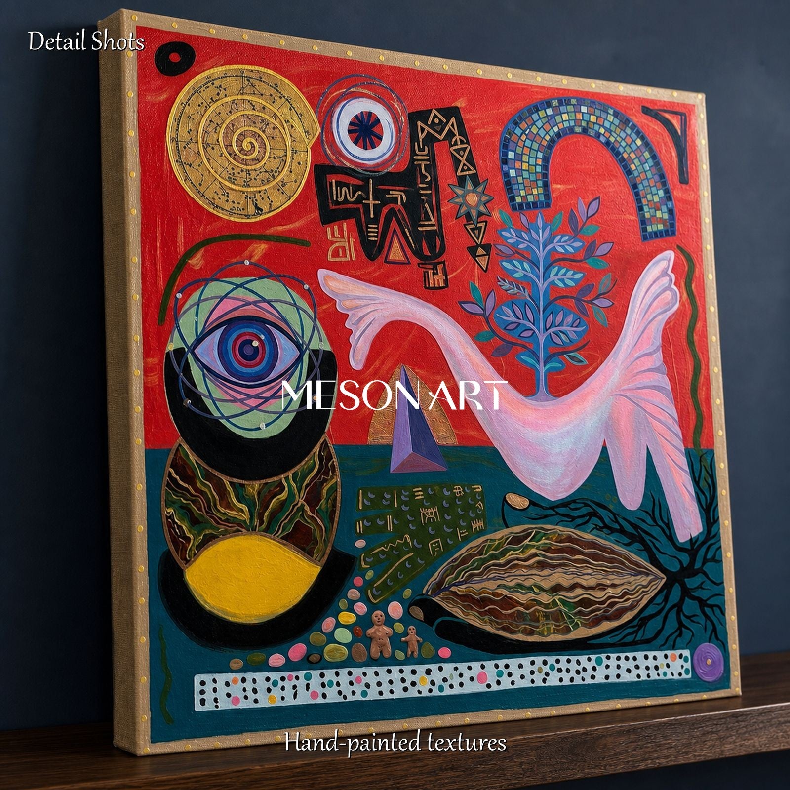 Abstract Surrealist Painting With Bold Red Blue Hues For Eclectic Living Room Decor