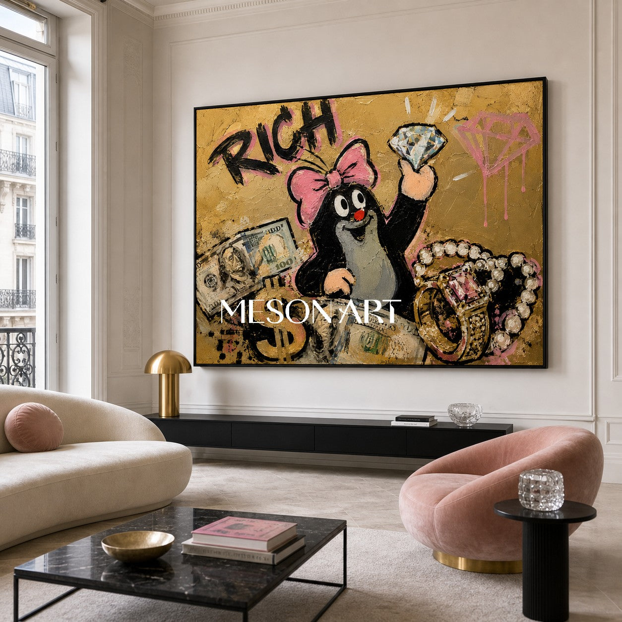 Luxury Graffiti Pop Art Painting With Gold And Pink For Modern Living Room Decor