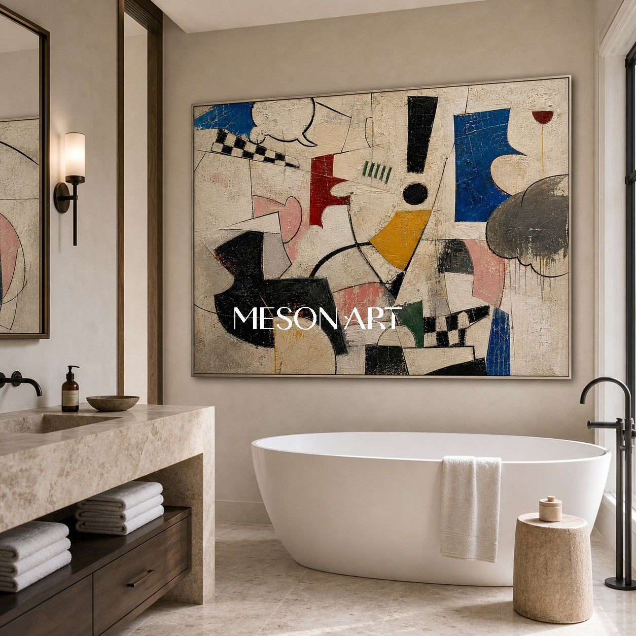 Original Expressionist Cubist Painting With Geometric Shapes For Modern Living Room Decor