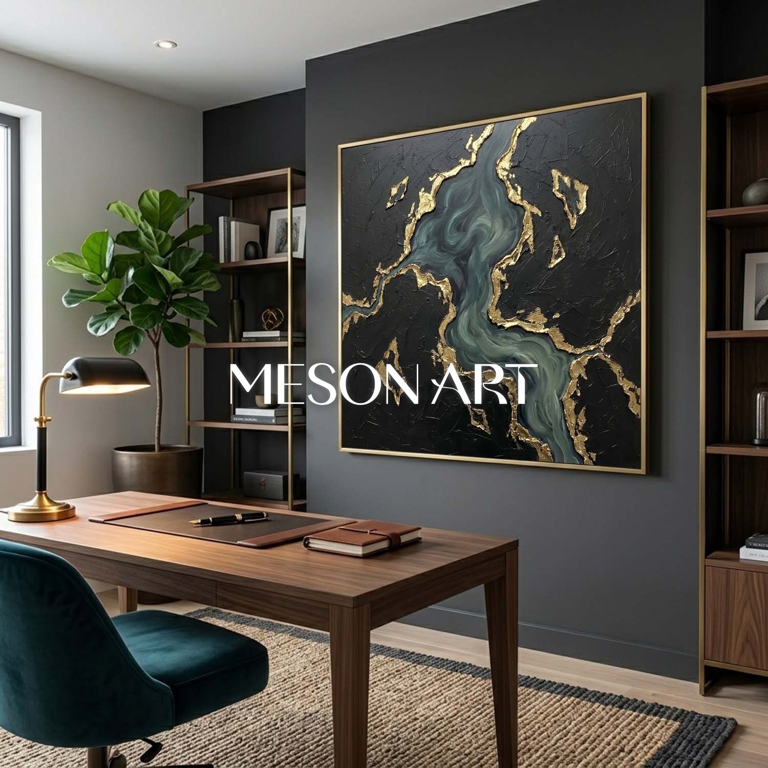 Luxury Black And Gold Plaster Abstract Art With Teal Ocean Waves For Living Room