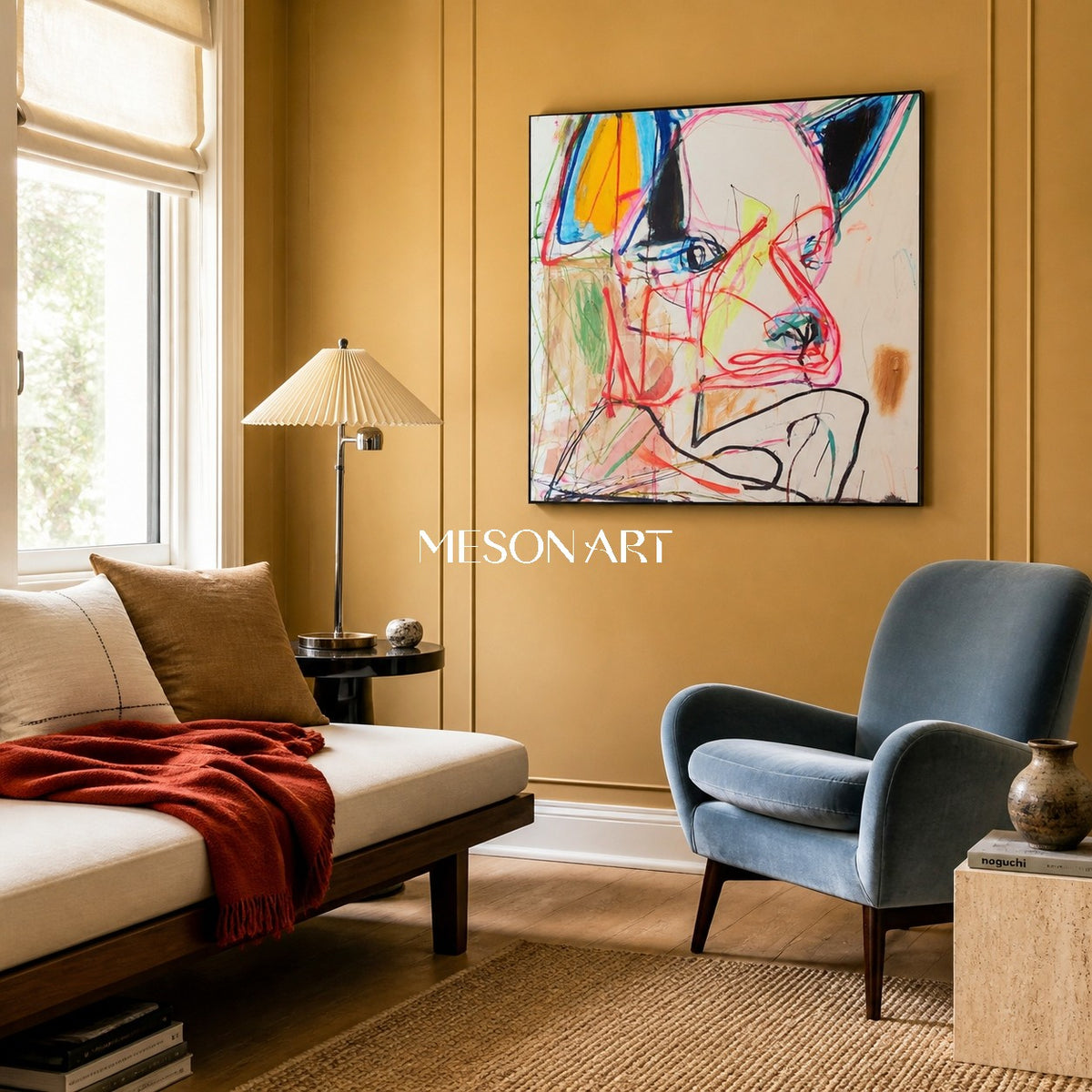 Red And Blue Graffiti Expressionist Abstract Portrait Square Wall Art For Living Room By Mesonart