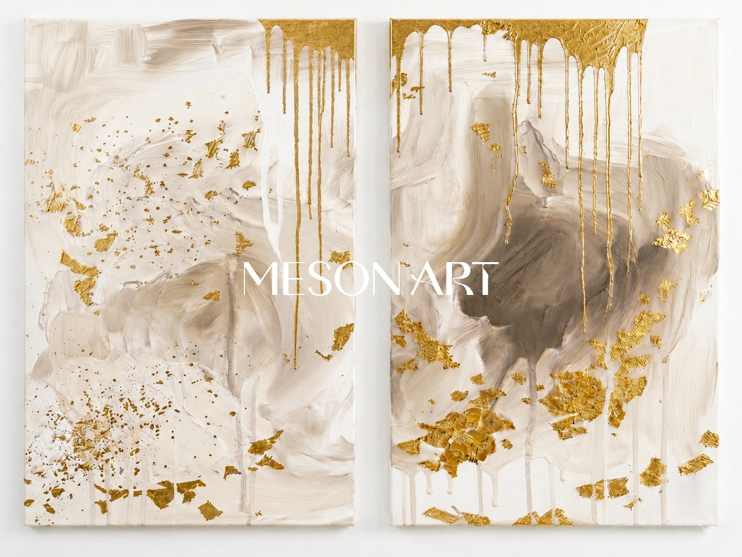 Luxury Gold Leaf Abstract Diptych Painting With Textured Beige Tones For Modern Living Room Decor