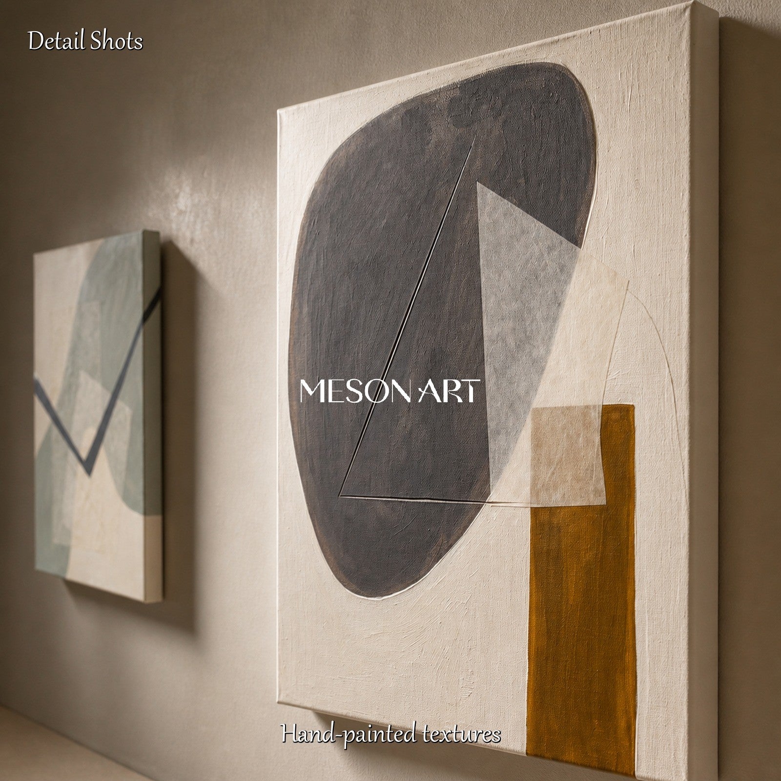 Beige And Gray Contemporary Figurative Painting Original Art Rectangular Wall Decor For Living Room By Mesonart