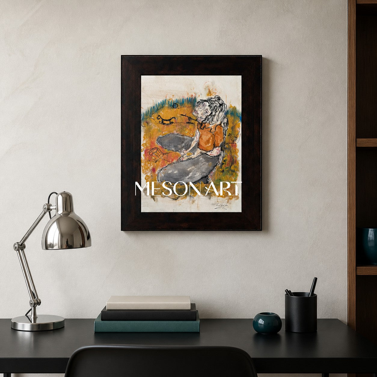 Brown And Orange Contemporary Figurative Painting Rectangular Wall Art Original Artist Fine Artwork By Mesonart