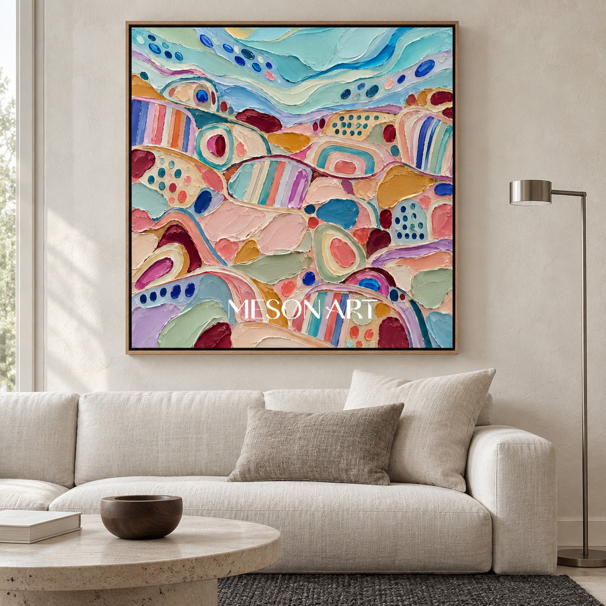 Blue And Pink Abstract Modern Art Square Canvas Wall Decor For Living Room Original By Mesonart