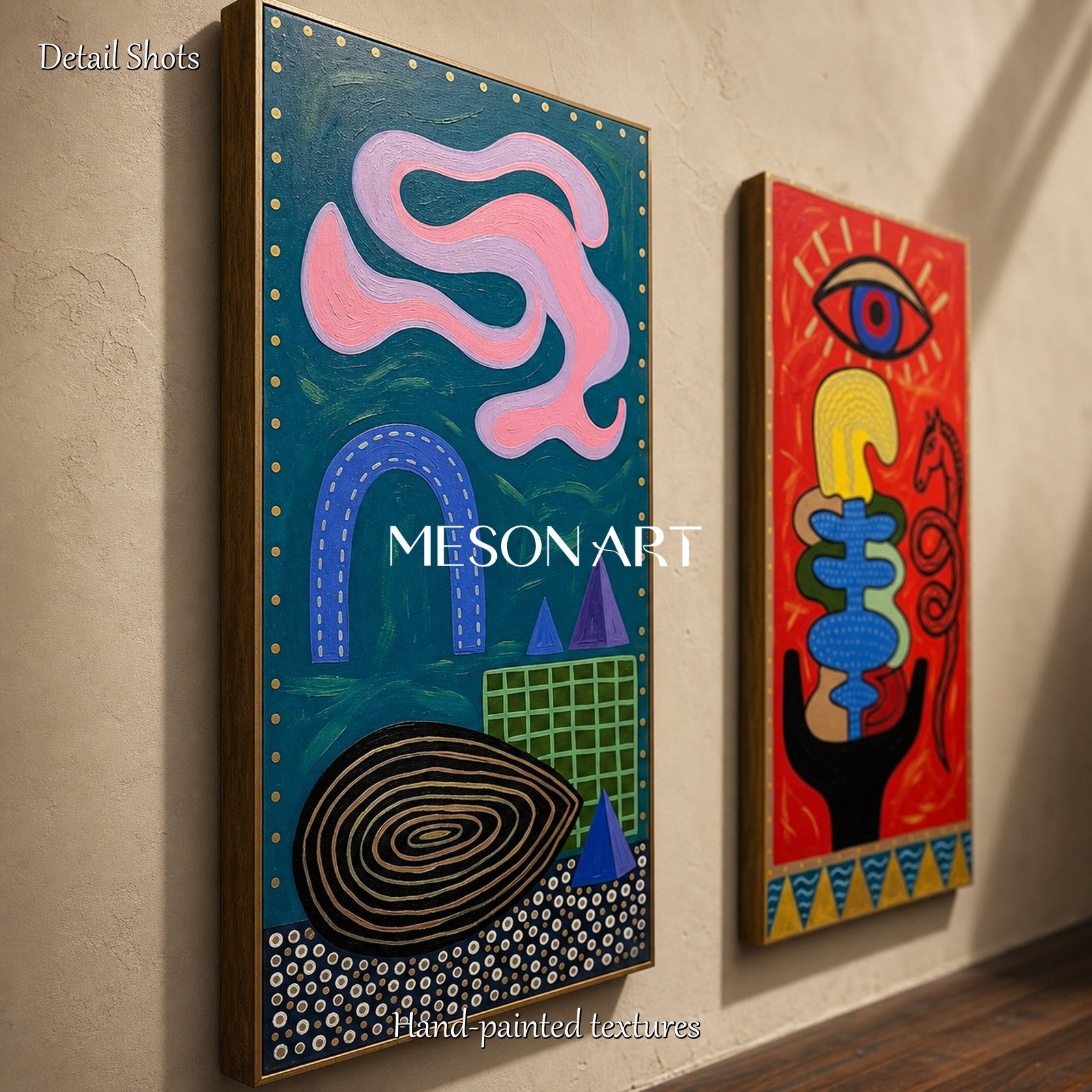 Original Surrealist Art Painting With Bold Red And Teal Colors For Living Room Decor