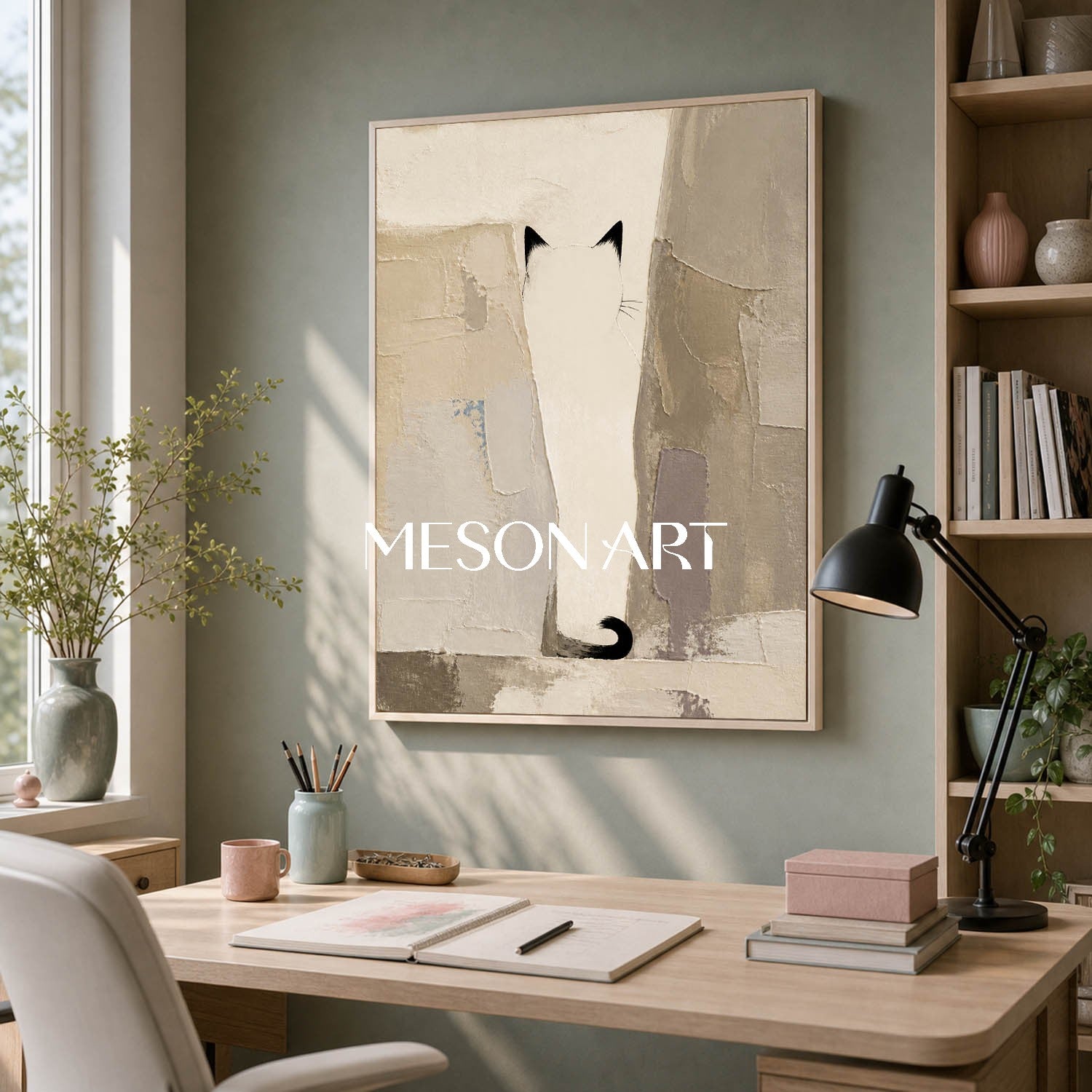 Minimalist Cat Abstract Art With Textured Beige And Black Tones For Contemporary Home Decor