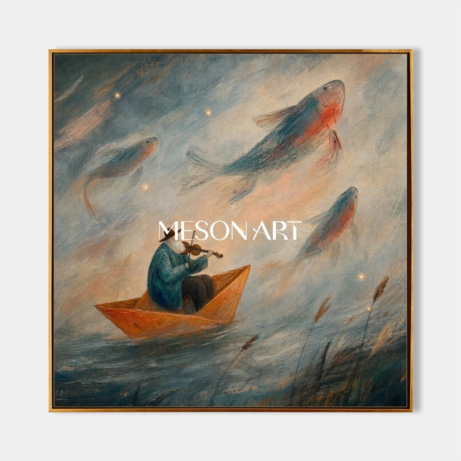 Blue Surreal Fantasy Art With Violin And Fish Rectangular Wall Decor For Living Room By Mesonart