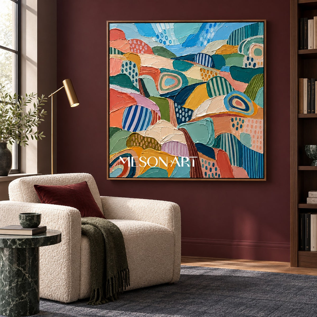 Blue And Green Abstract Landscape Painting Original Artist Hand Painted Square Wall Art For Living Room By Mesonart