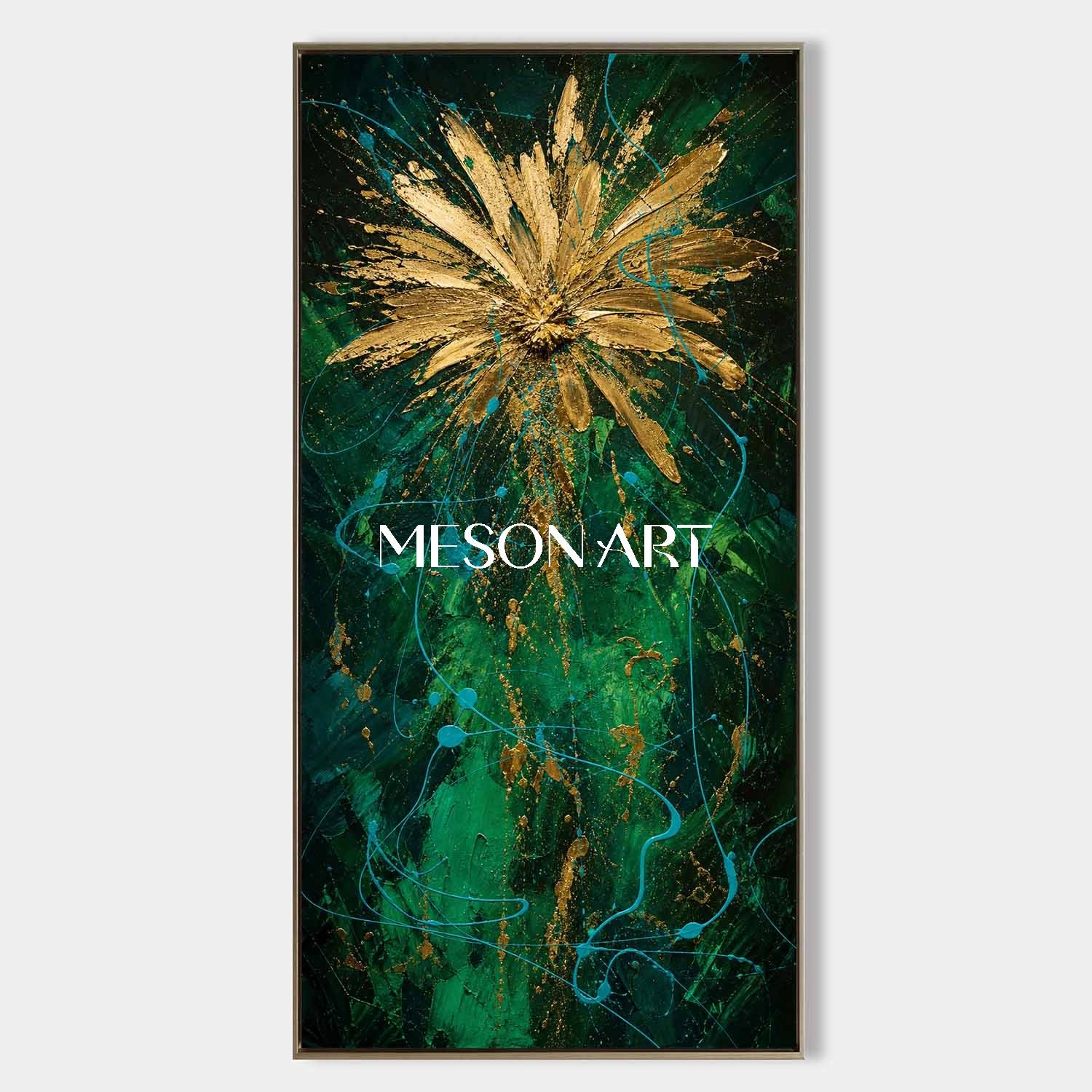 Emerald Green And Gold Abstract Painting In Pollock Style For Living Room