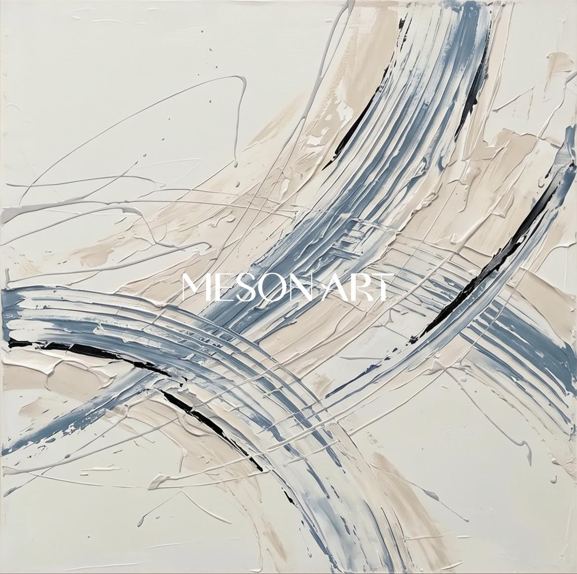 White And Blue Abstract Expressionism Painting Inspired By Jackson Pollock Action Art Square Wall Decor For Living Room By Mesonart