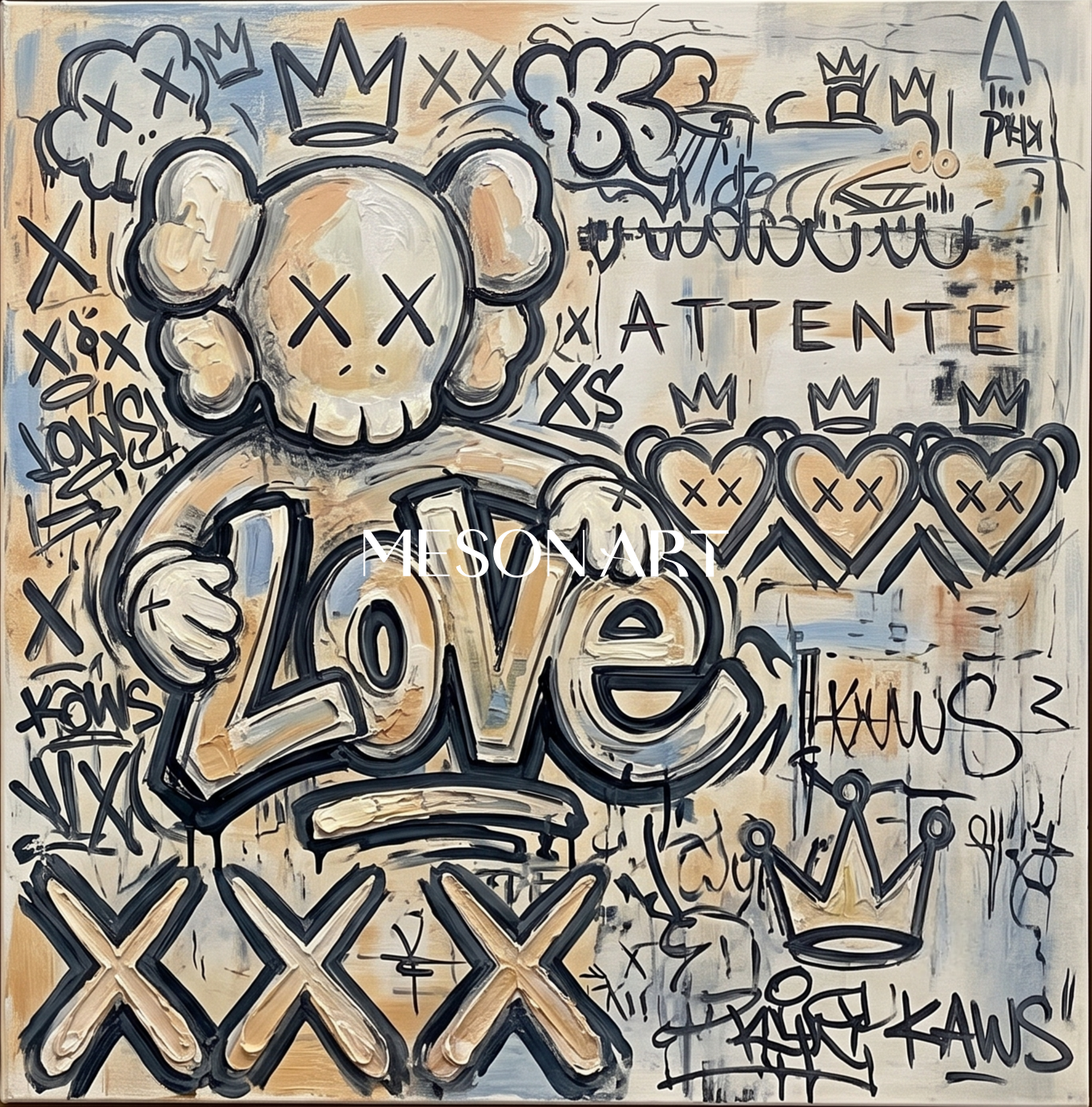 Urban Pop Art Graffiti Painting With Crown And Heart Motifs For Modern Living Room Decor