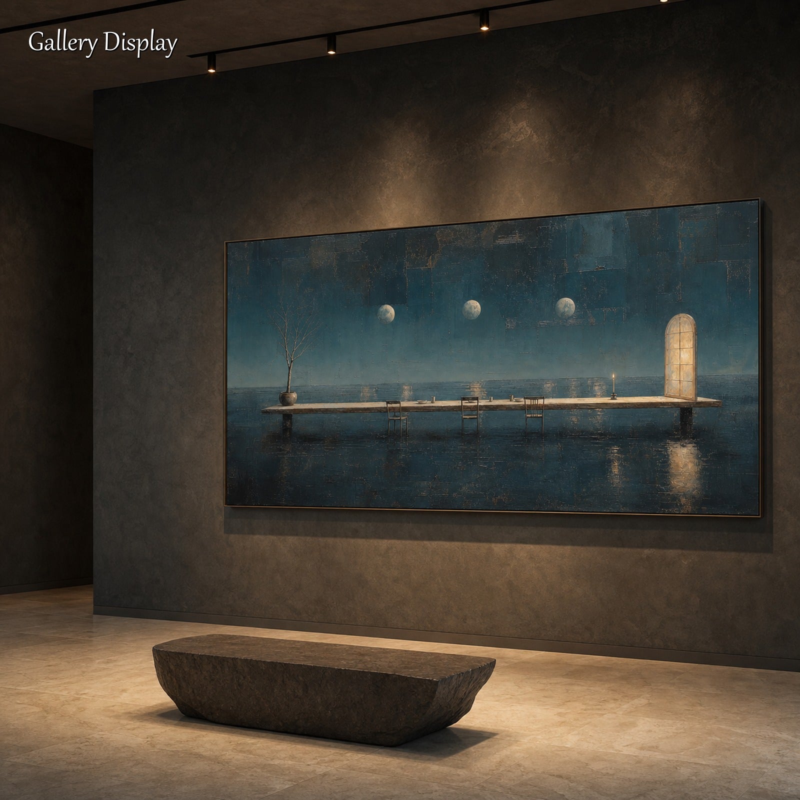 Surrealist Ocean Painting With Golden Door And Triple Moons For Modern Living Room Decor