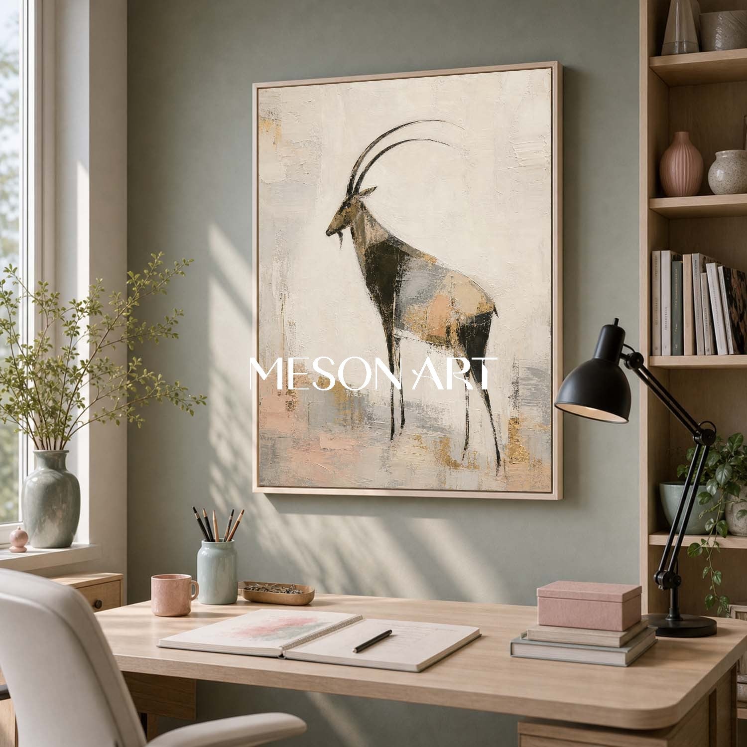 Abstract Antelope Wall Art Gold Beige Modern Animal Painting For Living Room Decor