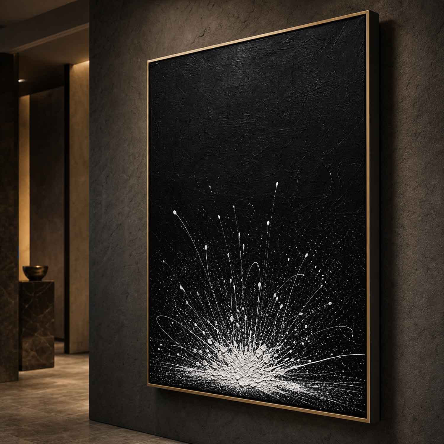 Abstract Black White Explosion Painting Original Oil Art For Modern Living Room Entryway Decor