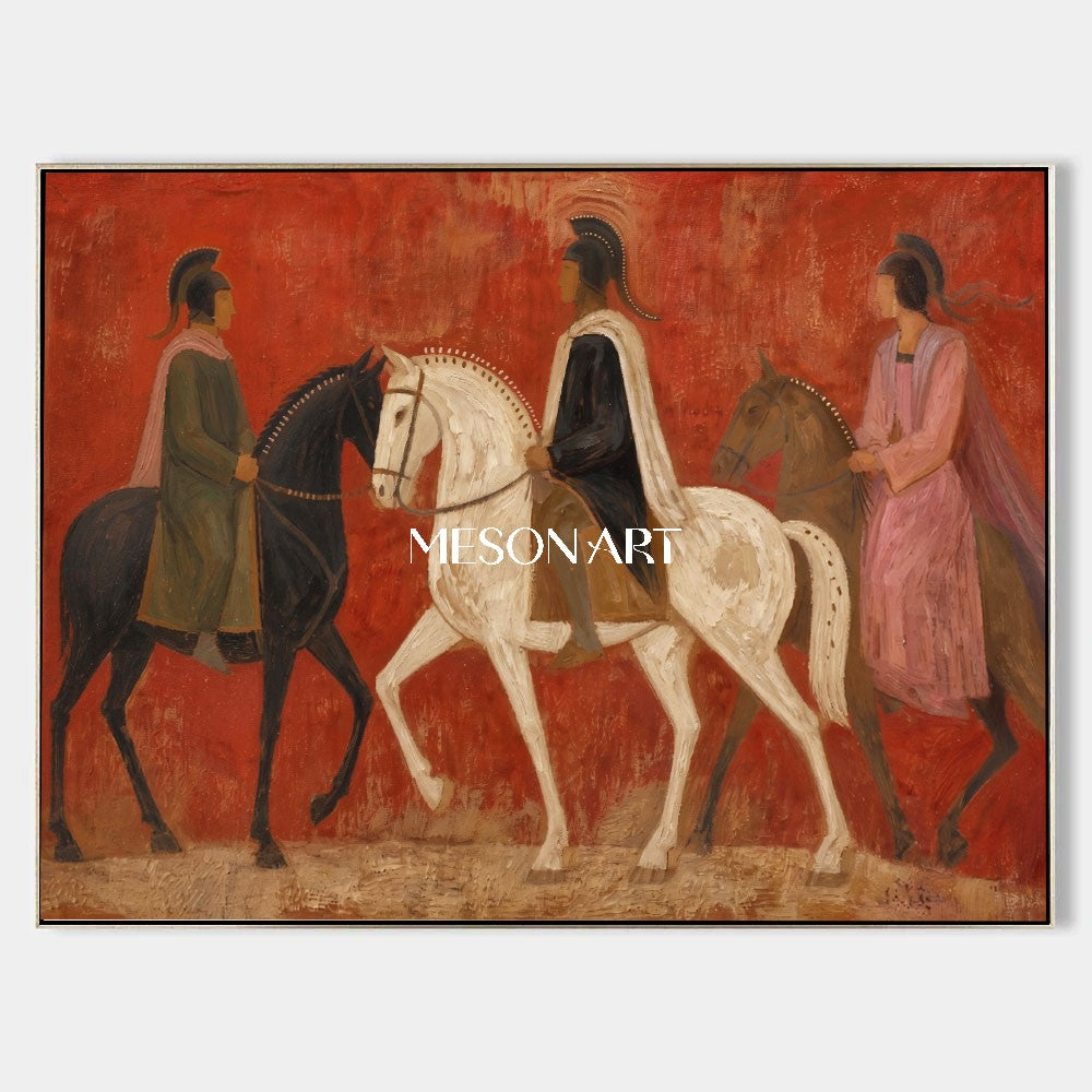 Ancient Equestrian Art With Red Background For Modern Living Room Decor