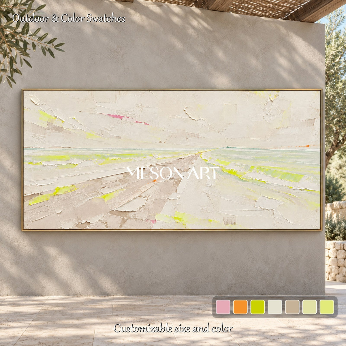 Beige And Green Abstract Painting Panoramic Wall Art By Artist Contemporary Landscape Modern Palette Knife Neutral Tone Art By Mesonart