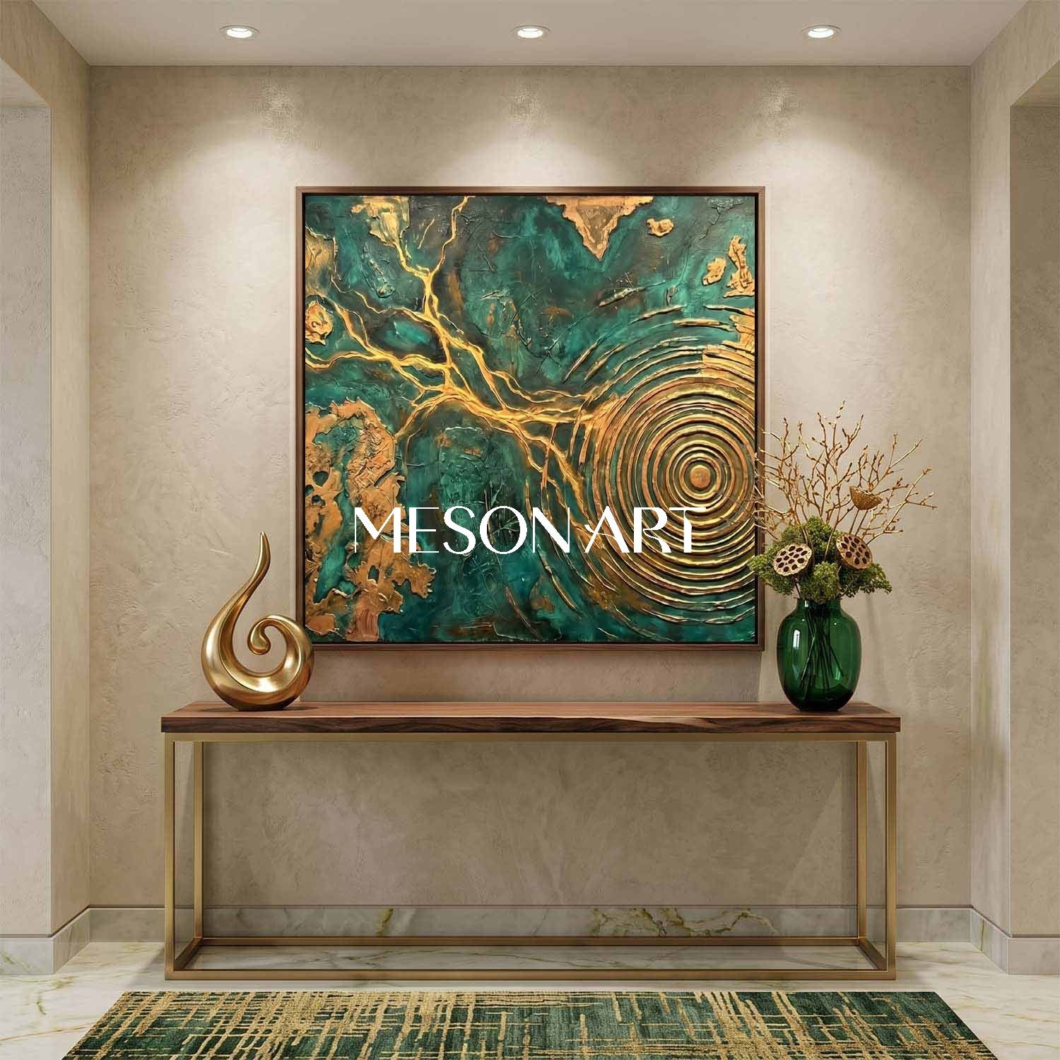 Emerald Green And Gold Abstract Painting With Textured Relief For Modern Living Room Decor