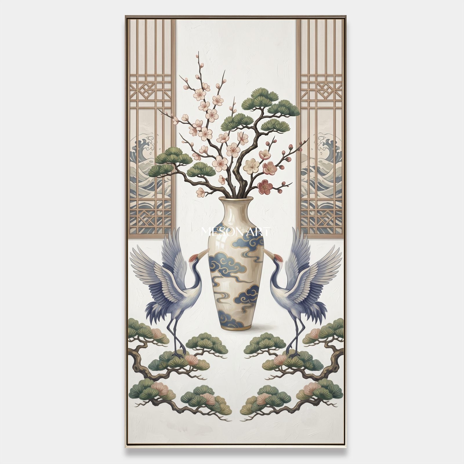 White Crane Painting For Living Room Elegant Chinoiserie Wall Art With Floral Vase