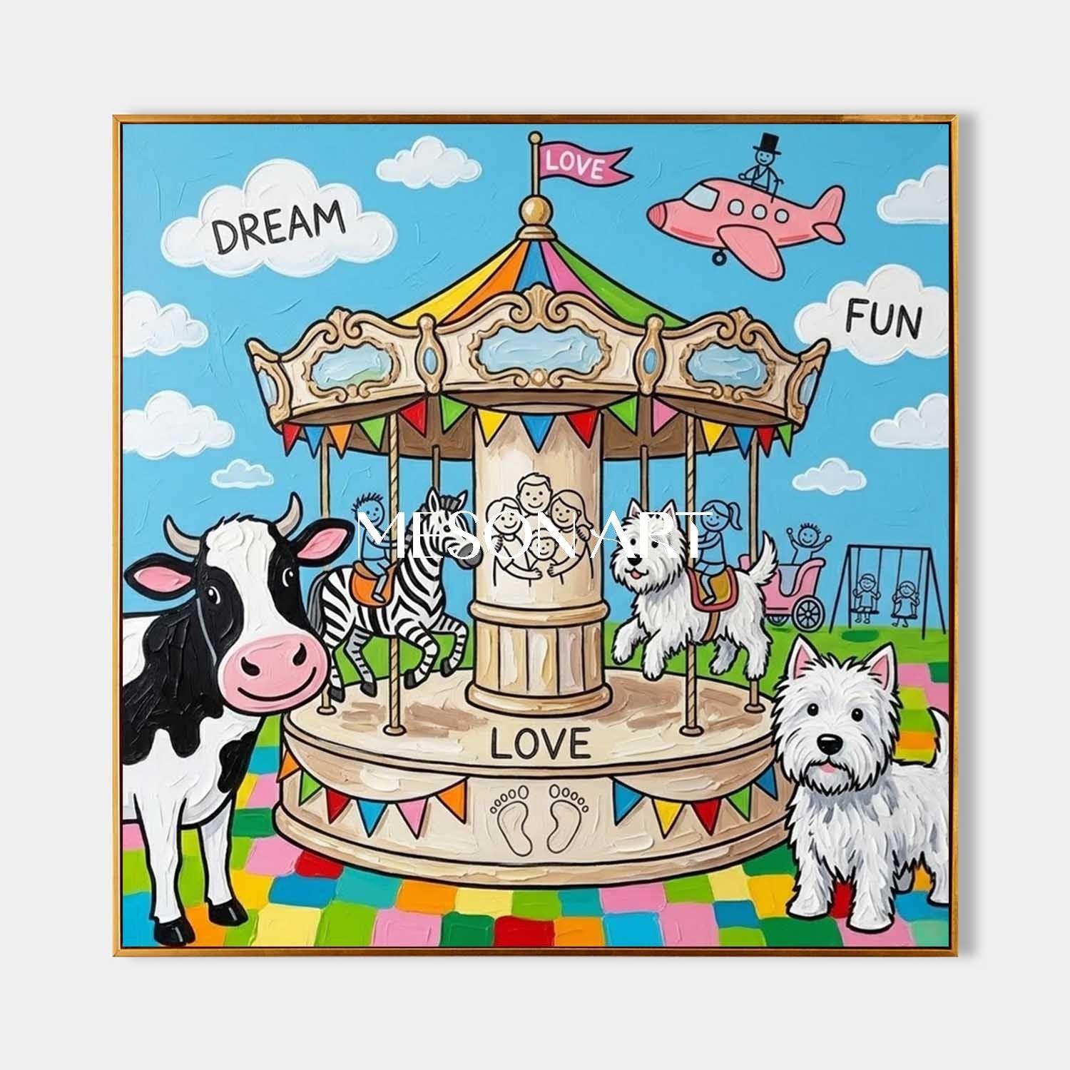 Whimsical Carousel Animal Painting For Kids Room Wall Art With