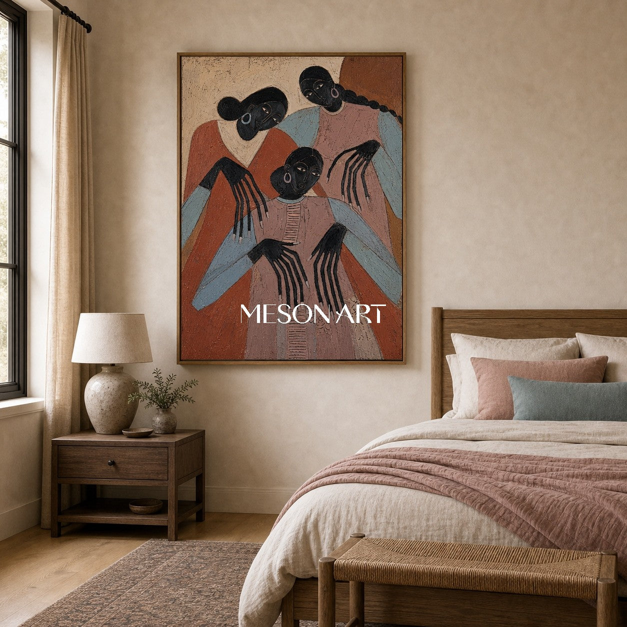 Original Expressionist Art Painting With Primitive Figures For Modern Living Room Decor