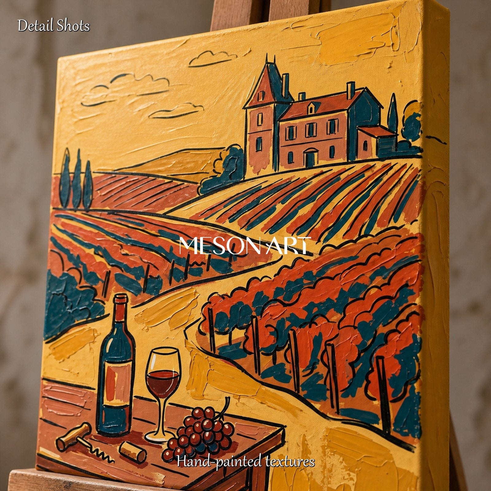 Gold And Red Contemporary Figurative Vineyard Landscape Painting Rectangular Wall Art For Dining Room By Mesonart