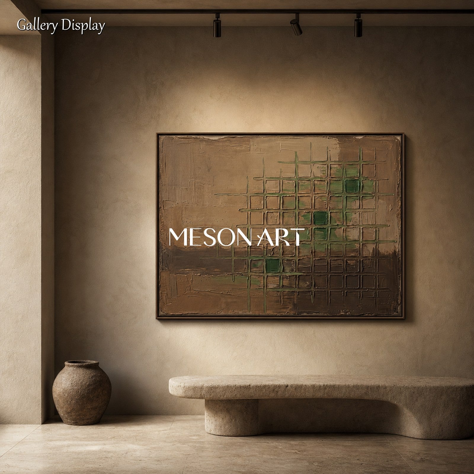 Minimalist Abstract Art With Earthy Tones And Textured Grid Pattern For Modern Living Spaces